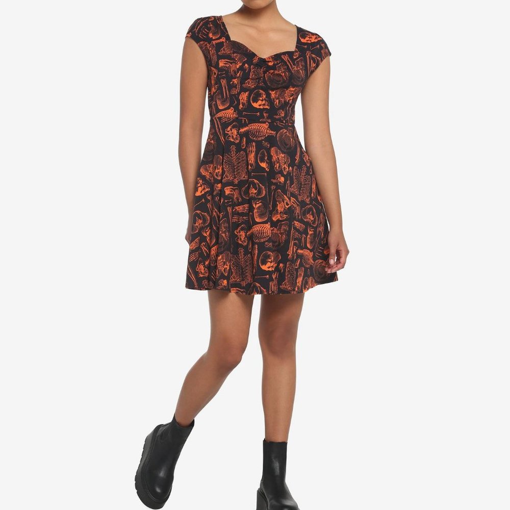 Hot Topic Black & Orange Anatomy Babydoll Dress with Lace Up Back, Size 0 GUC